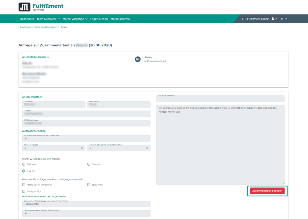 In diesem Fenster können Sie die Zusammenarbeit kündigen
