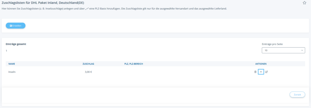 Öffnen des PLZ-Bereich-Dialogs in einer Zuschlagsliste in JTL-Shop 5