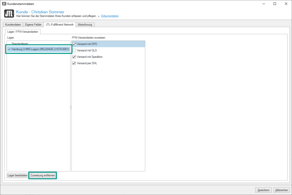 Zuweisung eines Fulfillment-Lagers aufheben
